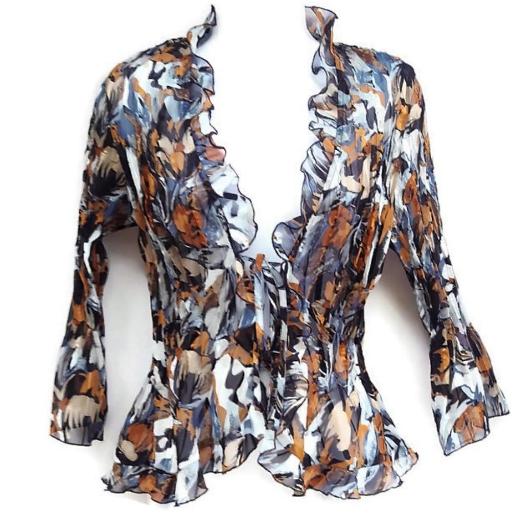 Notations Petite Blouse Sheer Geo Ruffle Crinkle Tie M